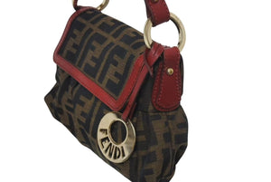 FENDI フェンディ マンマバケット ハンドバッグ ショルダーバッグ ズッカ柄 2000年代 キャンバス レザー ブラウン レッド 美品 中古 4c073187 