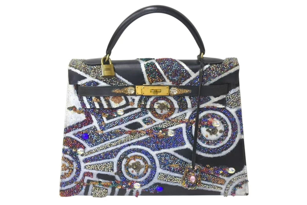 HERMES エルメス ケリー32 旧型 外縫い ボックスカーフ ブラック ゴールド金具 カスタム 美品 中古 4c073208