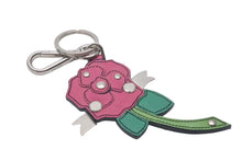 Load image into Gallery viewer, PRADA プラダ キーリング フラワーチャーム バラ ローズ レザー メタル ピンク グリーン シルバー金具 美品 中古 4c073219
