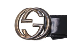 画像をギャラリービューアに読み込む, GUCCI グッチ ベルト GGバックル ヴィンテージ 036 1046 0979 レザー エナメル シルバー ブラック金具 サイズ80/32 良品 中古 4c073242 