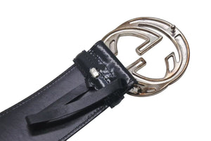 GUCCI グッチ ベルト GGバックル ヴィンテージ 036 1046 0979 レザー エナメル シルバー ブラック金具 サイズ80/32 良品 中古 4c073242 