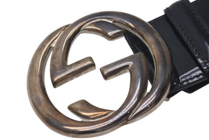 GUCCI グッチ ベルト GGバックル ヴィンテージ 036 1046 0979 レザー エナメル シルバー ブラック金具 サイズ80/32 良品 中古 4c073242 