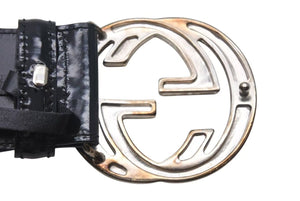 GUCCI グッチ ベルト GGバックル ヴィンテージ 036 1046 0979 レザー エナメル シルバー ブラック金具 サイズ80/32 良品 中古 4c073242 