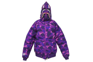 A BATHING APE アベイシングエイプ シャーク ダウンジャケット カモフラ 001HJC801 1005X パープル ホワイト レッド L 美品 中古 4c073274 