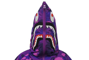 A BATHING APE アベイシングエイプ シャーク ダウンジャケット カモフラ 001HJC801 1005X パープル ホワイト レッド L 美品 中古 4c073274 