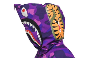 A BATHING APE アベイシングエイプ シャーク ダウンジャケット カモフラ 001HJC801 1005X パープル ホワイト レッド L 美品 中古 4c073274 