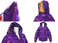 画像をギャラリービューアに読み込む, A BATHING APE アベイシングエイプ シャーク ダウンジャケット カモフラ 001HJC801 1005X パープル ホワイト レッド L 美品 中古 4c073274 