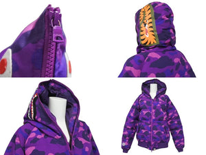 A BATHING APE アベイシングエイプ シャーク ダウンジャケット カモフラ 001HJC801 1005X パープル ホワイト レッド L 美品 中古 4c073274 