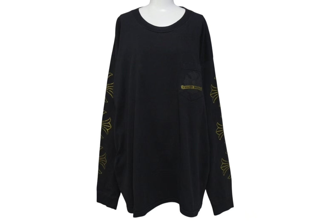 CHROME HEARTS クロムハーツ クロスプリント ロングスリーブＴシャツ ロゴ コットン ブラック ゴールド XXL 美品 中古 4c073293