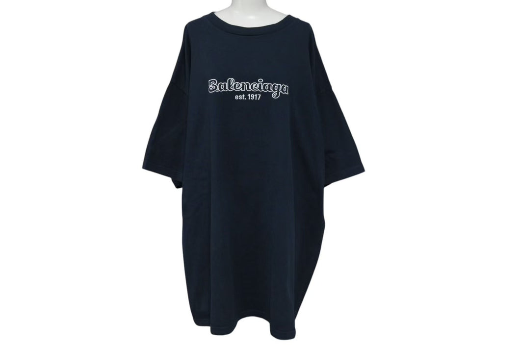 BALENCIAGA バレンシアガ 19AW オーバーサイズ ロゴ刺繍 半袖Ｔシャツ ネイビー コットン 583214 サイズM 良品 中古 4c073313
