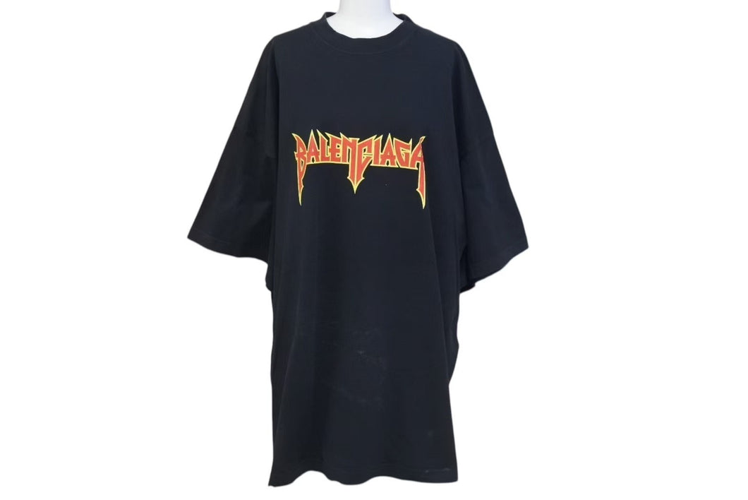 BALENCIAGA バレンシアガ 22SS メタルロゴ オーバーサイズ 半袖Ｔシャツ ブラック コットン ダメージ加工 汚れ加工 694576 サイズ3 良品 中古 4c073315