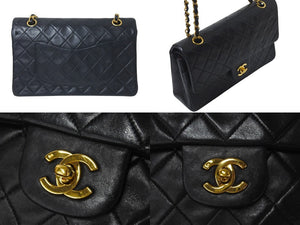CHANEL シャネル マトラッセ25 Wフラップ Wチェーンショルダーバッグ 5番台 ラムスキン ブラック ゴールド 美品 中古 4c073326