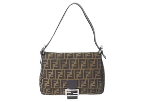 FENDI フェンディ ズッカ柄 マンマバケット ワンショルダーバッグ ブラウンロゴ コットンキャンバス レザー 美品 中古 4c073343 