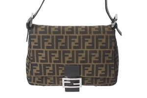 FENDI フェンディ ズッカ柄 マンマバケット ワンショルダーバッグ ブラウンロゴ コットンキャンバス レザー 美品 中古 4c073343 