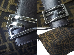 FENDI フェンディ ズッカ柄 マンマバケット ワンショルダーバッグ ブラウンロゴ コットンキャンバス レザー 美品 中古 4c073343 