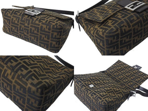 FENDI フェンディ ズッカ柄 マンマバケット ワンショルダーバッグ ブラウンロゴ コットンキャンバス レザー 美品 中古 4c073343 