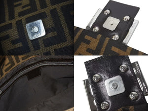 FENDI フェンディ ズッカ柄 マンマバケット ワンショルダーバッグ ブラウンロゴ コットンキャンバス レザー 美品 中古 4c073343 