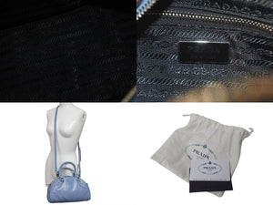 極美品 PRADA プラダ ボウリングバッグ ハンドバッグ ショルダーバッグ 2WAY 1BB071 ブルー カーフスキン ロゴ シルバー金具 中古 4c073344 
