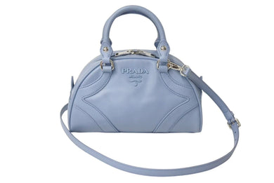 極美品 PRADA プラダ ボウリングバッグ ハンドバッグ ショルダーバッグ 2WAY 1BB071 ブルー カーフスキン ロゴ シルバー金具 中古 4c073344 