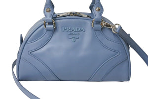極美品 PRADA プラダ ボウリングバッグ ハンドバッグ ショルダーバッグ 2WAY 1BB071 ブルー カーフスキン ロゴ シルバー金具 中古 4c073344 