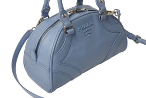 極美品 PRADA プラダ ボウリングバッグ ハンドバッグ ショルダーバッグ 2WAY 1BB071 ブルー カーフスキン ロゴ シルバー金具 中古 4c073344 