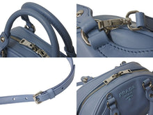 画像をギャラリービューアに読み込む, 極美品 PRADA プラダ ボウリングバッグ ハンドバッグ ショルダーバッグ 2WAY 1BB071 ブルー カーフスキン ロゴ シルバー金具 中古 4c073344 