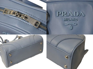 極美品 PRADA プラダ ボウリングバッグ ハンドバッグ ショルダーバッグ 2WAY 1BB071 ブルー カーフスキン ロゴ シルバー金具 中古 4c073344 