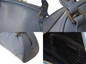 極美品 PRADA プラダ ボウリングバッグ ハンドバッグ ショルダーバッグ 2WAY 1BB071 ブルー カーフスキン ロゴ シルバー金具 中古 4c073344 