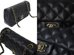 極美品 CHANEL シャネル 横長 20cm ショルダーバッグ ランダム番台 ミニマトラッセショルダーチェーン ブラック ラムスキン 中古 4c073376
