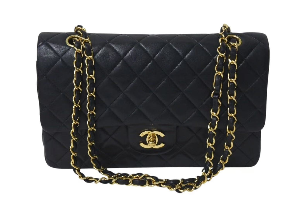 CHANEL シャネル マトラッセ25 Wフラップ Wチェーンショルダーバッグ 2番台 ラムスキン ブラック ゴールド 美品 中古 4c073381