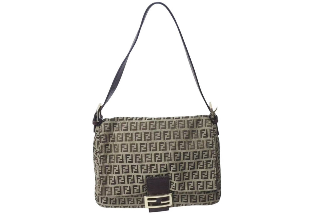 FENDI フェンディ ズッキーノ マンマバケット キャンバス レザー ワンショルダーバッグ ベージュ ブラウン ゴールド金具 8BR001 美品 中古 4c073382 