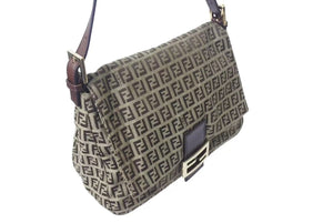 FENDI フェンディ ズッキーノ マンマバケット キャンバス レザー ワンショルダーバッグ ベージュ ブラウン ゴールド金具 8BR001 美品 中古 4c073382 