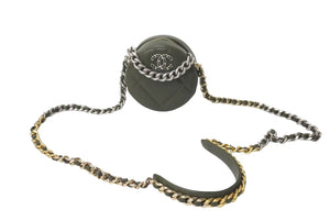 新品未使用 CHANEL シャネル ショルダーバッグ チェーン 19 ココマーク ラムスキン ラウンド型 カーキ ゴールド金具 中古 4c073384