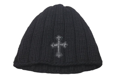 極美品 CHROME HEARTS クロムハーツ クロスパッチ カシミヤ ニット帽 ビーニー ブラック 帽子 シルバー金具 OS 中古 4c073439