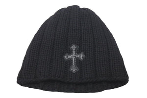 極美品 CHROME HEARTS クロムハーツ クロスパッチ カシミヤ ニット帽 ビーニー ブラック 帽子 シルバー金具 OS 中古 4c073439