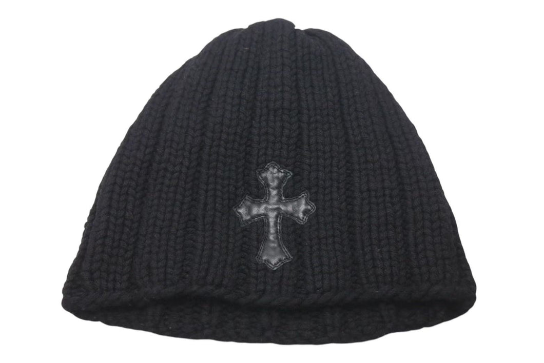 極美品 CHROME HEARTS クロムハーツ クロスパッチ カシミヤ ニット帽 ビーニー ブラック 帽子 シルバー金具 OS 中古 4c073439
