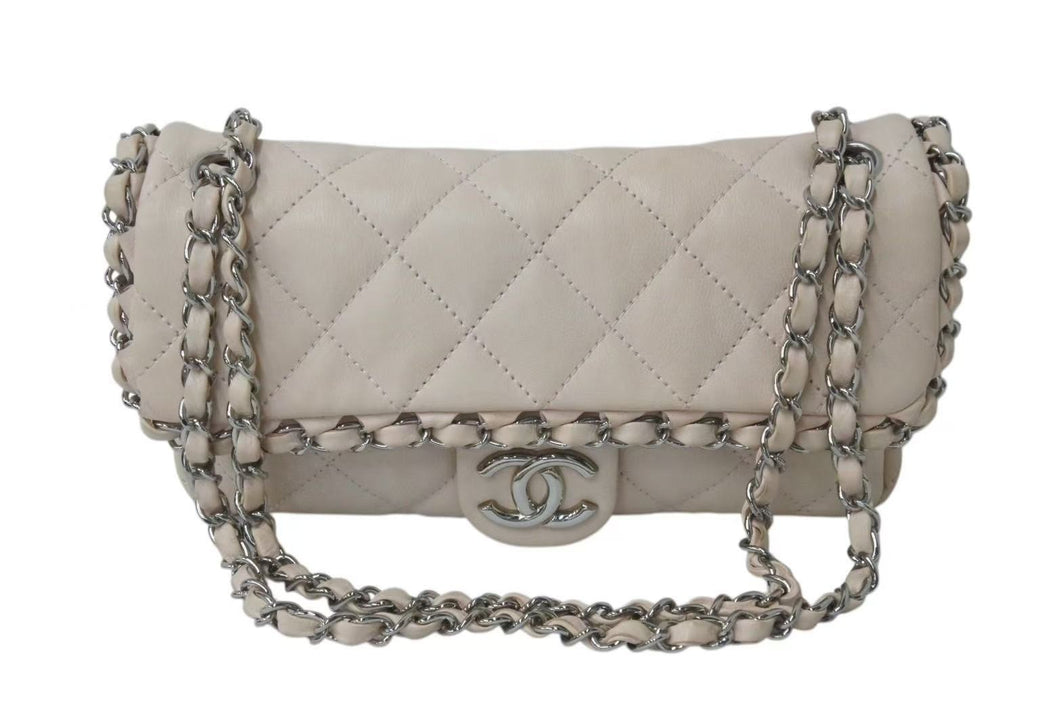 CHANEL シャネル ラグジュアリー ライン ショルダーバッグ ダブルチェーン ラムスキン ピンクベージュ シルバー金具 14番台 美品 中古 4c073462