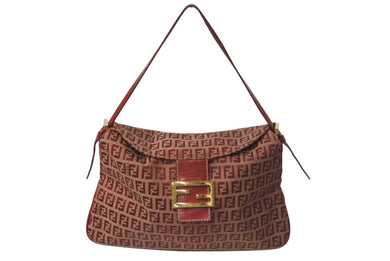 FENDI フェンディ ズッキーノ ショルダーバッグ キャンバス レザー メタルイタリア製 レッドベージュ ゴールド金具 美品 中古 4c073468 
