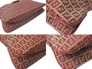 FENDI フェンディ ズッキーノ ショルダーバッグ キャンバス レザー メタルイタリア製 レッドベージュ ゴールド金具 美品 中古 4c073468 