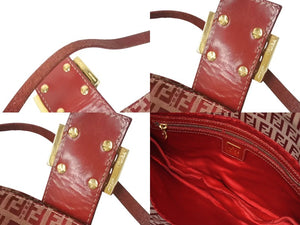 FENDI フェンディ ズッキーノ ショルダーバッグ キャンバス レザー メタルイタリア製 レッドベージュ ゴールド金具 美品 中古 4c073468 