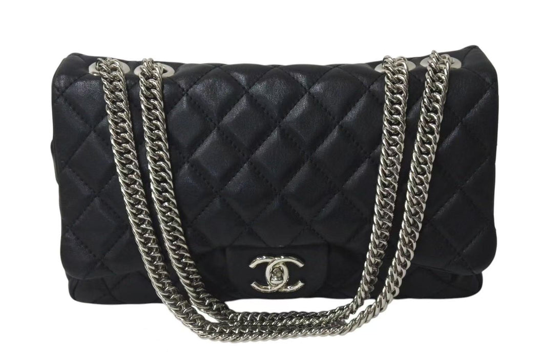 CHANEL シャネル デカマトラッセ30 SフラップWチェーンショルダーバッグ 12番台 ラムスキン ブラック シルバー金具 美品 中古 4c073476