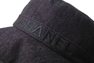 極美品 CHANEL シャネル バケットハット 帽子 サイズM ロゴ刺繍 ブラック デニム コットン 中古 4c073492