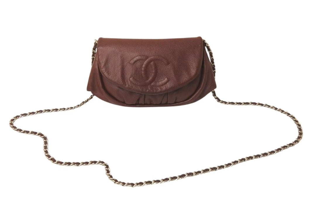 CHANEL シャネル チェーンウォレット ショルダーバッグ ココマーク 18番台 フランス製 キャビアスキン ブラウン 美品 中古 4c073493