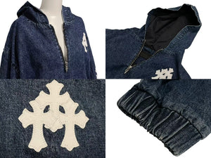 新品未使用 CHROME HEARTS クロムハーツ ハーフジップ デニム アノラックパーカー インディゴ Lサイズ 中古 4c073517