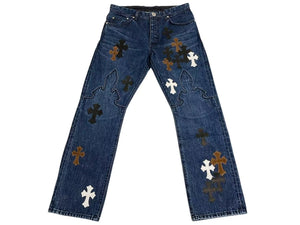 新品未使用 CHROME HEARTS クロムハーツ フレアニー クロスパッチ デニム パンツ ジーンズ インディゴ サイズ33 中古 4c073518