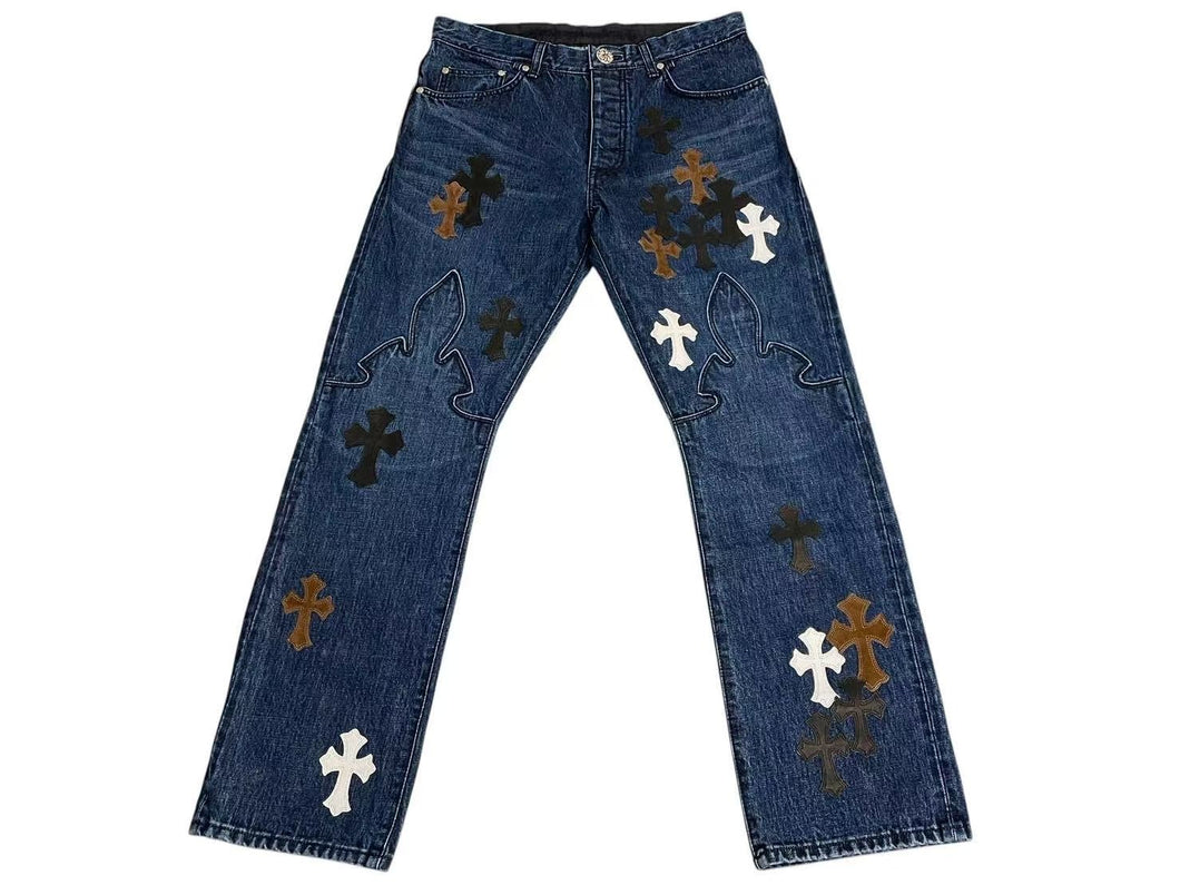新品未使用 CHROME HEARTS クロムハーツ フレアニー クロスパッチ デニム パンツ ジーンズ インディゴ サイズ33 中古 4c073518