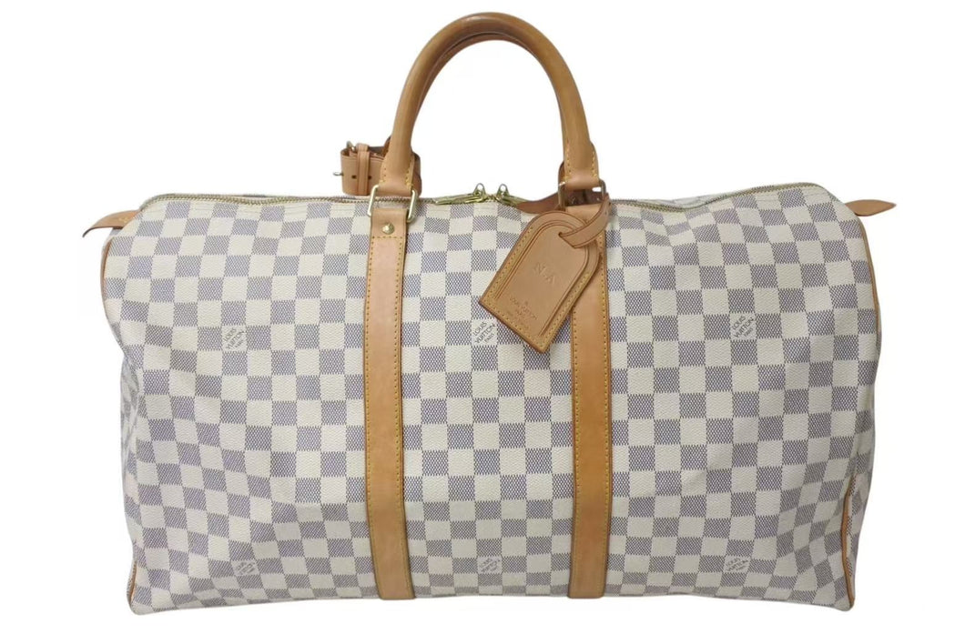 LOUIS VUITTON ルイヴィトン キーポル50 ボストンバッグ N41430 ダミエアズールキャンバス ヌメ革 ホワイト 美品 中古 4c073574