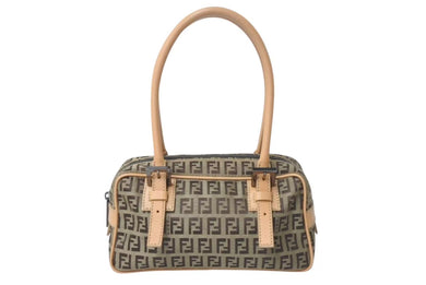 FENDI フェンディ ハンドバッグ ズッキーノ キャンバス レザー ベージュ ブラウン ブラック金具 8BN004 美品 中古 4c073590 