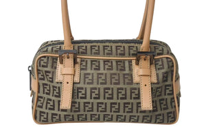 FENDI フェンディ ハンドバッグ ズッキーノ キャンバス レザー ベージュ ブラウン ブラック金具 8BN004 美品 中古 4c073590 