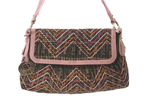 FENDI フェンディ ワンショルダーバッグ ズッカ柄 キャンバス スウェード ピンク ブラウン オレンジ ゴールド 美品 中古 4c073616 